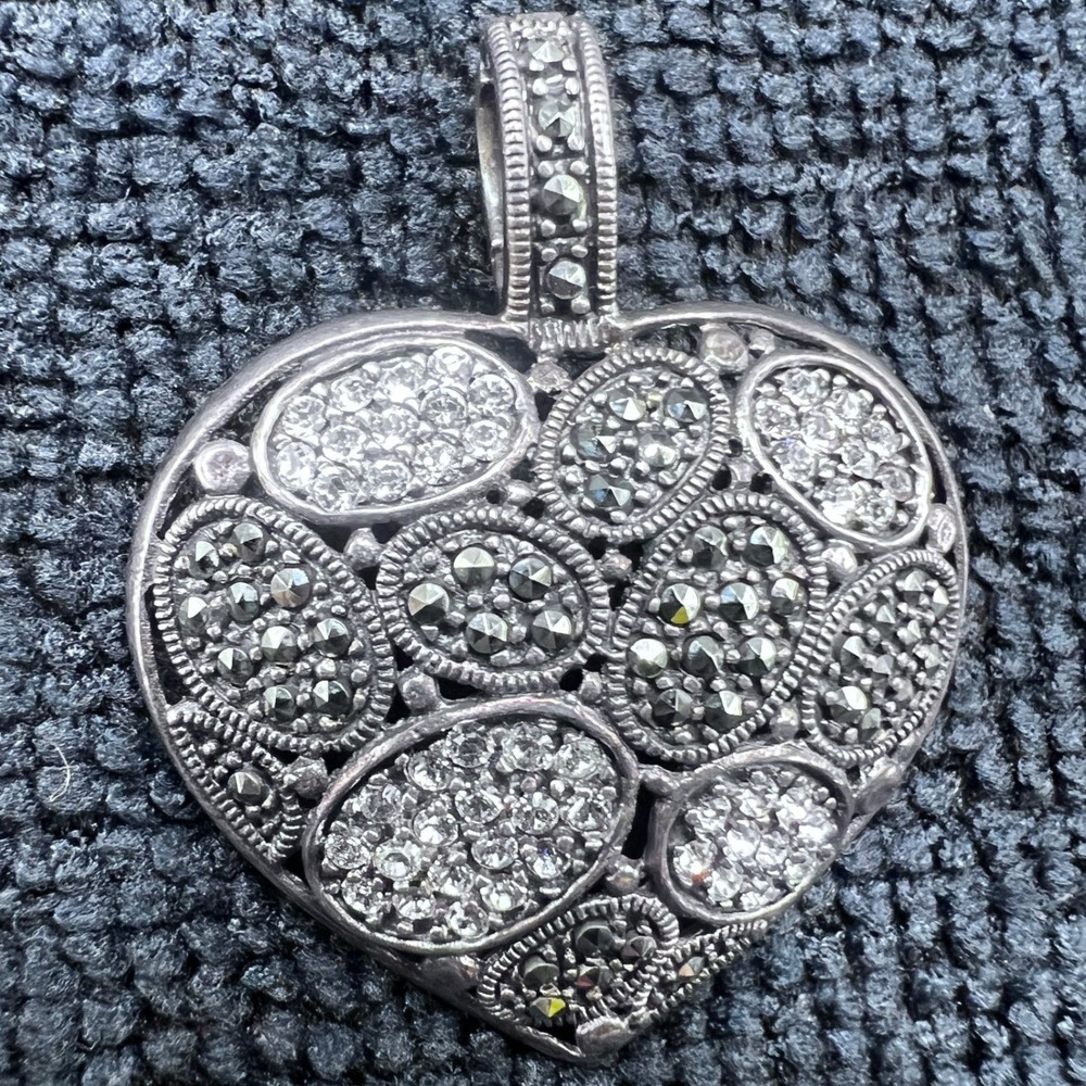 Vintage Sterling‎ Silver CZ Pave Heart Pendant Enhancer Clear Black 7g 1.5"